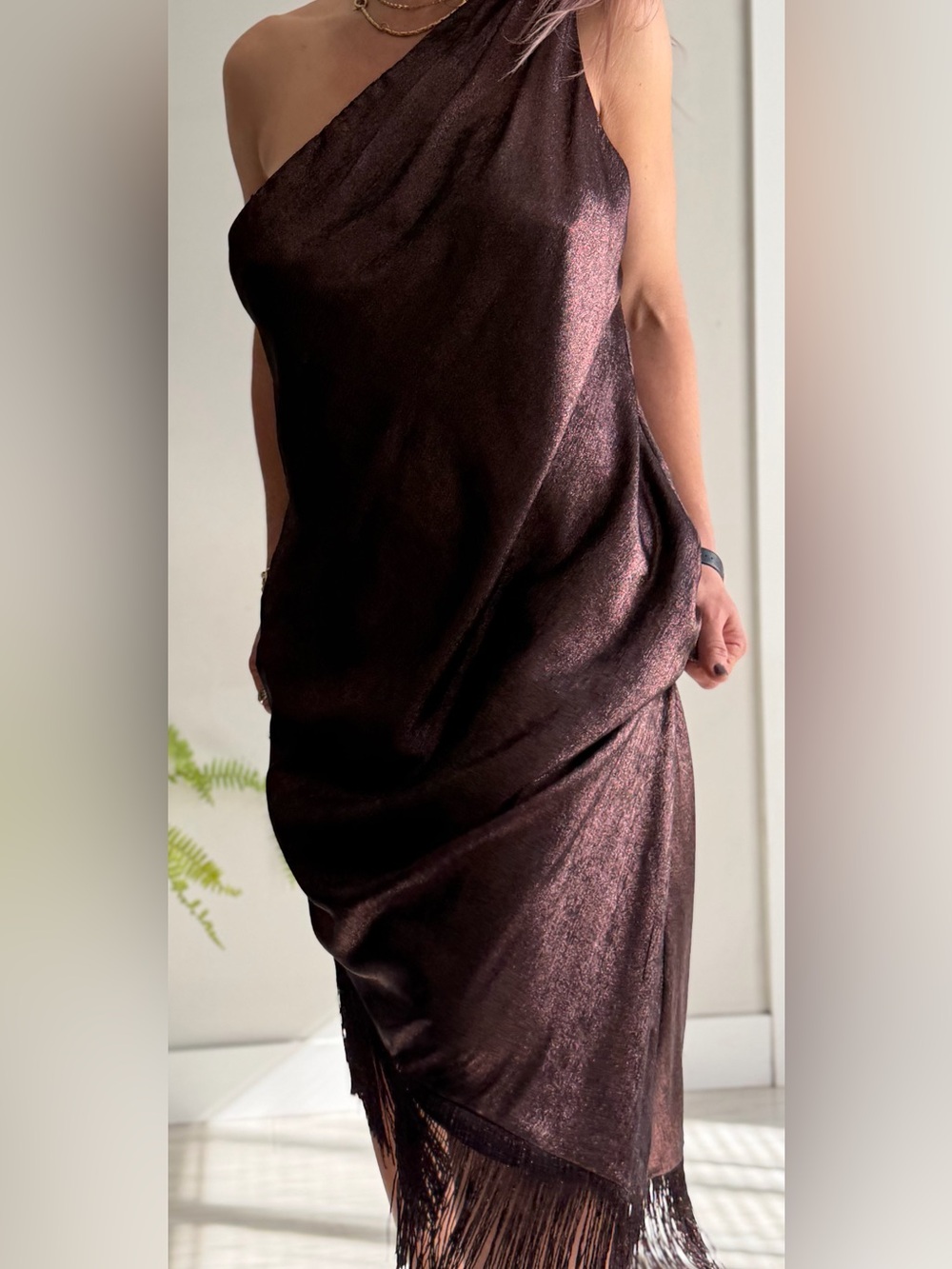 *NWT* Adrianna Papell Metallic One-Shoulder Fringe Dress in Plum — Size 18M